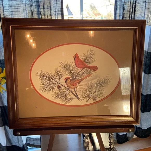 Vintage J Lockhart cardinal bird framed art, winter, Christmas decor